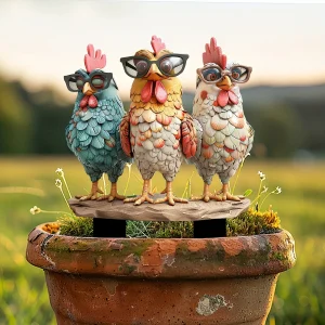 Three roosters with glasses