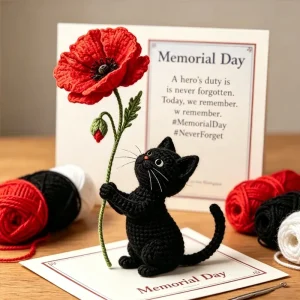 Handmade Crochet Black Cat with Poppy