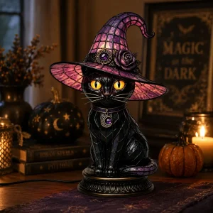 Gothic Stained Glass Witch Black Cat Table Lamp | Halloween Witch Hat Night Light Decor