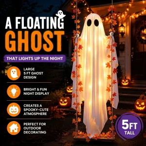 LED Hanging Ghost Swing Decoration, 5FT Remote Controlled Halloween Outdoor Hanging Decor